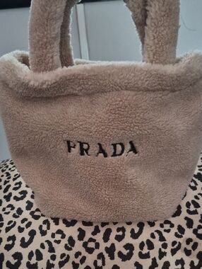 Prada Beige Faux Shearling Tote with Black Logo